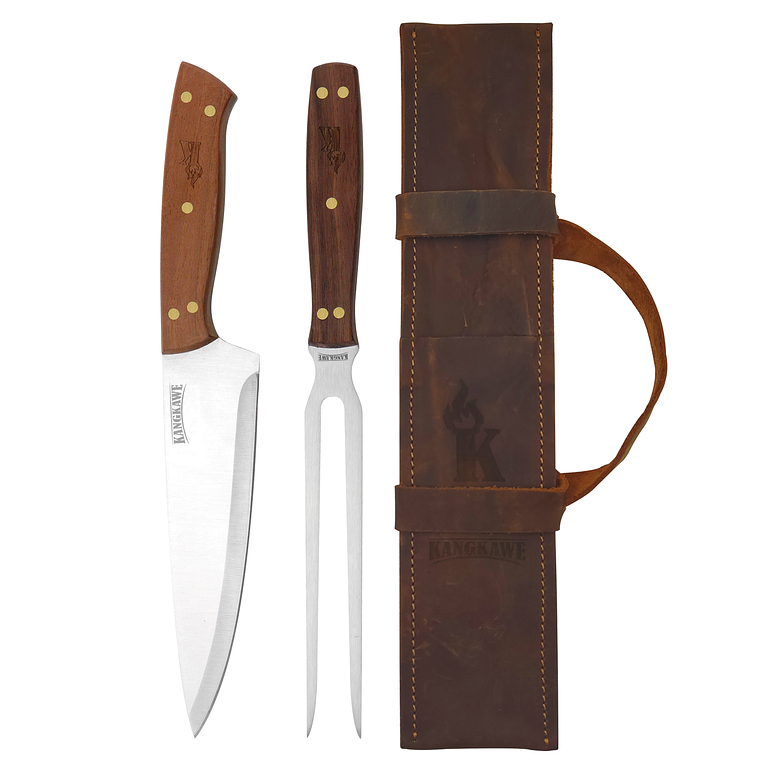 Set Parrillero: Tenedor + Cuchillo Con Funda De Cuero Café Rustico