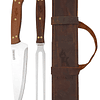 Set Parrillero: Tenedor + Cuchillo Con Funda De Cuero Café Rustico