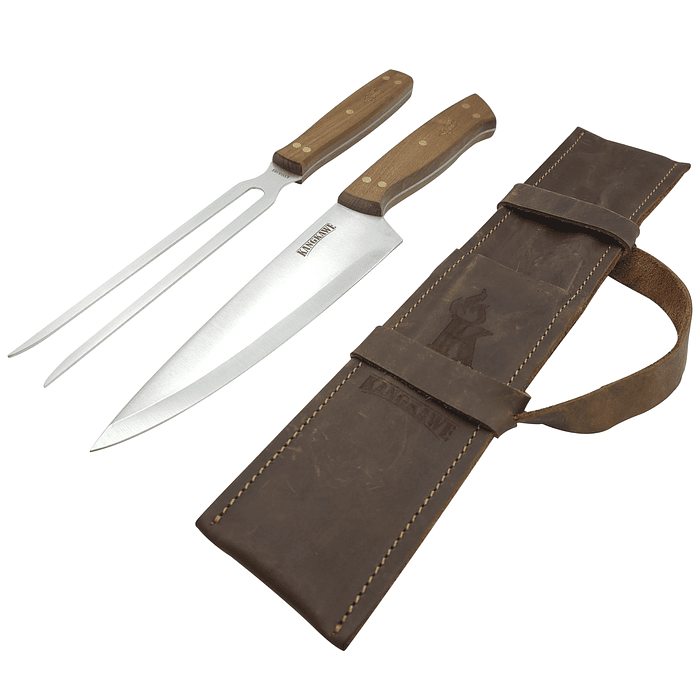 Set Parrillero: Tenedor + Cuchillo Con Funda De Cuero Café Rustico 2