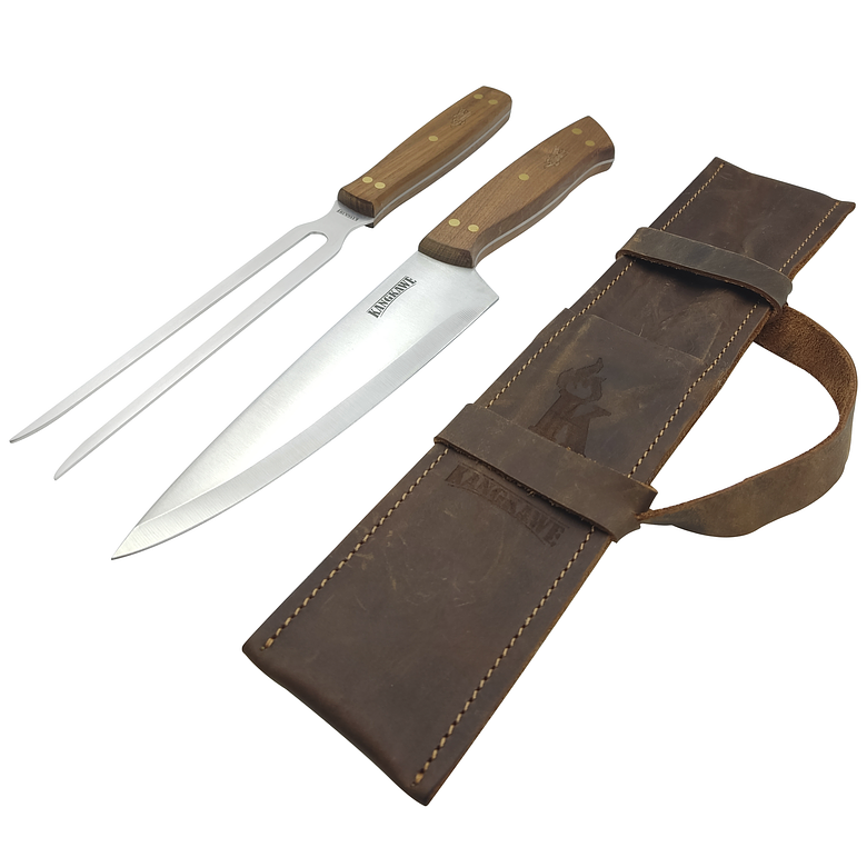 Set Parrillero: Tenedor + Cuchillo Con Funda De Cuero Café Rustico