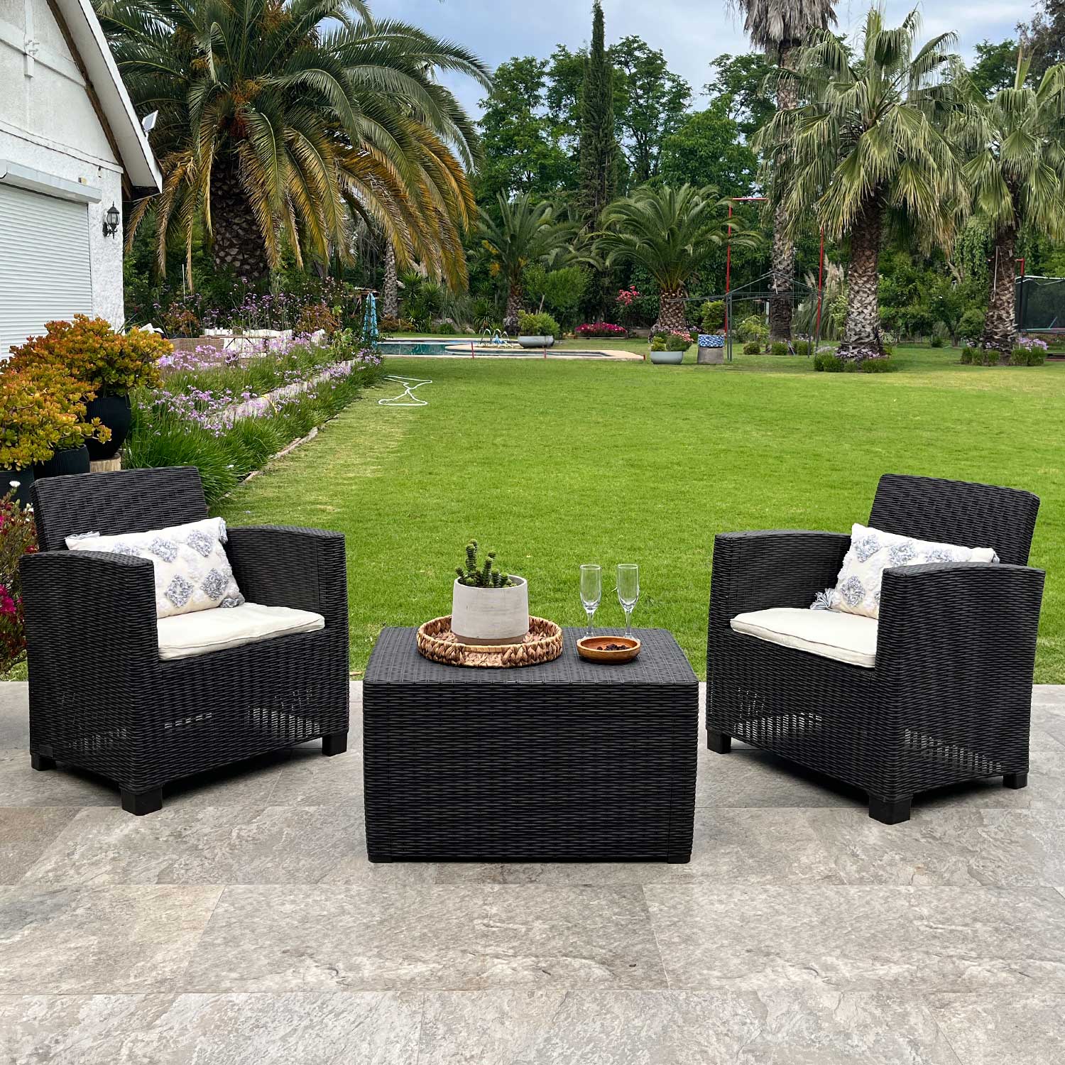 Juego Living Terraza Álamo Duo Con Baúl café oscuro 2 Personas