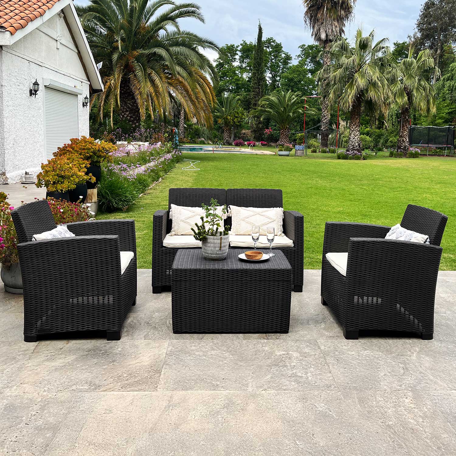 Juego Living Terraza Álamo Doble Con Baúl café oscuro 4 Personas
