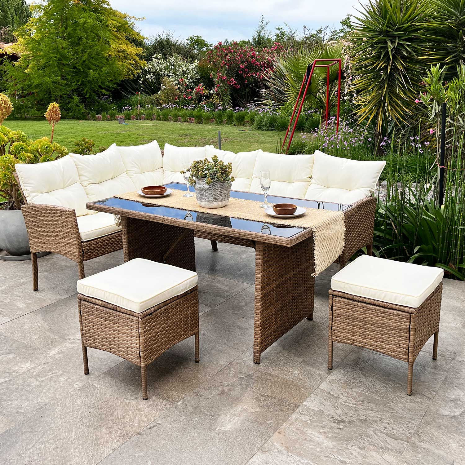 Juego Living Comedor Terraza Alma Caramelo 8 Personas