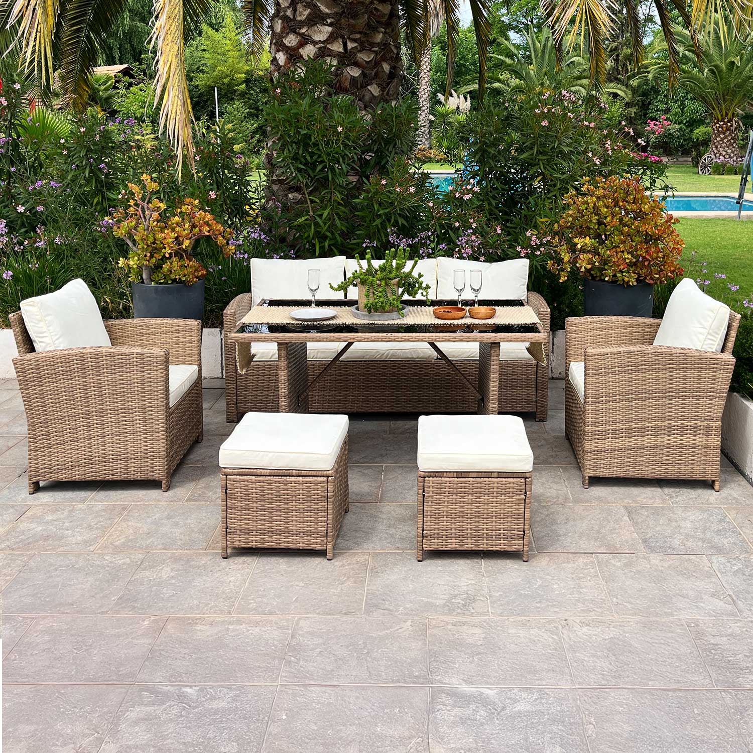 Juego Living Comedor Terraza Aurora Caramelo 7 Personas