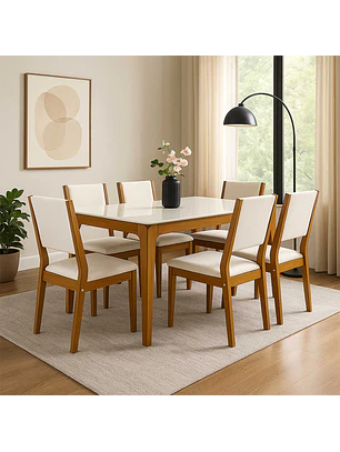 Juego de comedor Romance 160x90 cm Vidrio 6 Sillas Beige