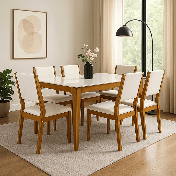 Juego de comedor Romance 160x90 cm Vidrio 6 Sillas Beige 1