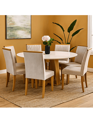 Juego de Comedor Esencia 135x135 cm Vidrio 6 Sillas Beige