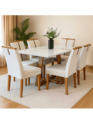 Juego de Comedor Sonatta madera maciza 160x90 cm Vidrio 6 Sillas Beige