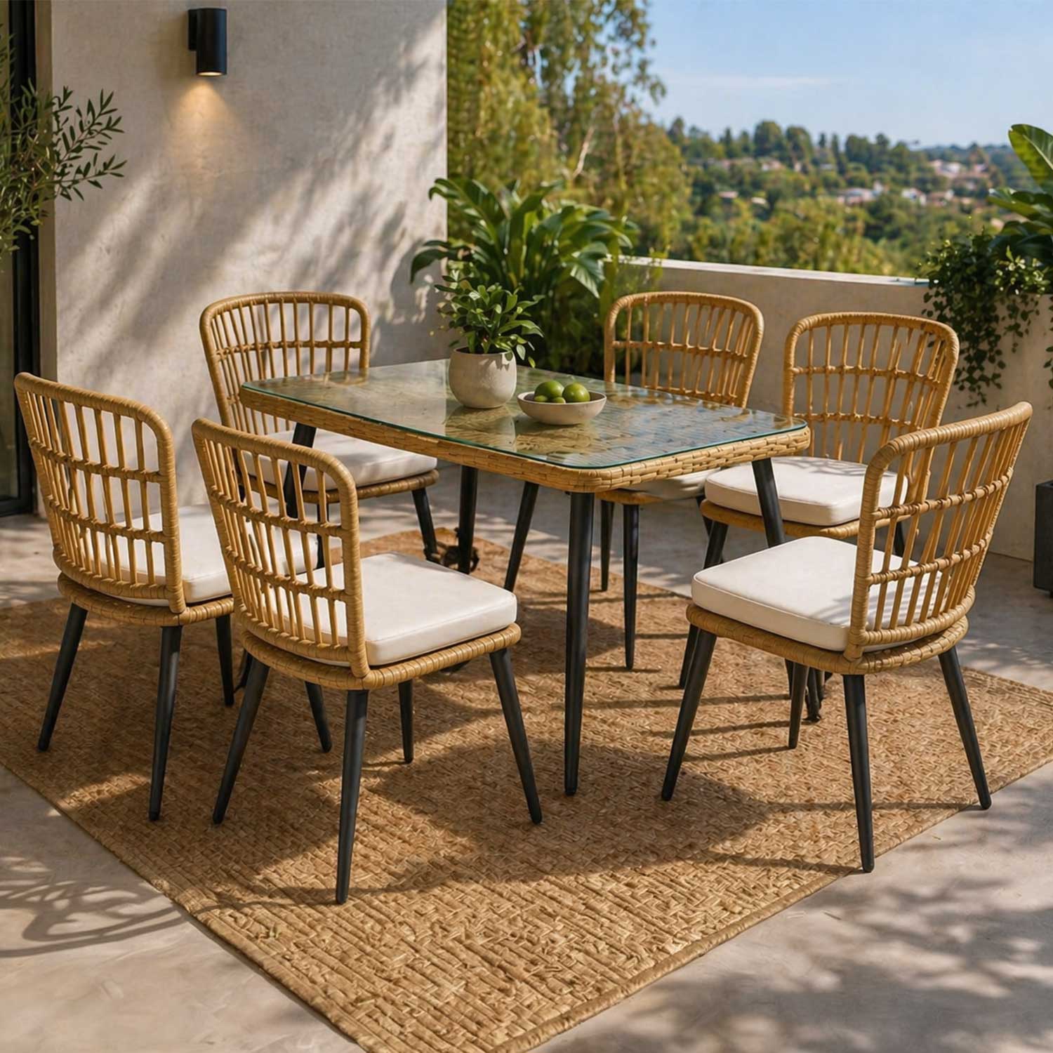 Juego De Comedor Terraza Santa Bárbara Caramelo 139x80 cm 6 Sillas Cojín Marfil
