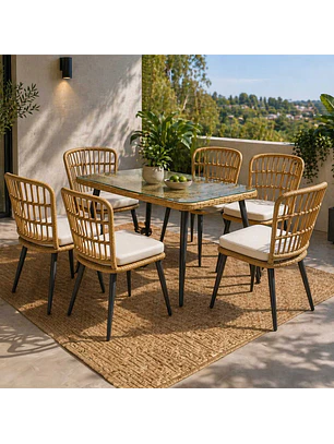 Juego De Comedor Terraza Santa Bárbara Caramelo 139x80 cm 6 Sillas Cojín Marfil