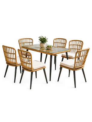 Juego De Comedor Terraza Santa Bárbara Caramelo 139x80 cm 6 Sillas Cojín Marfil