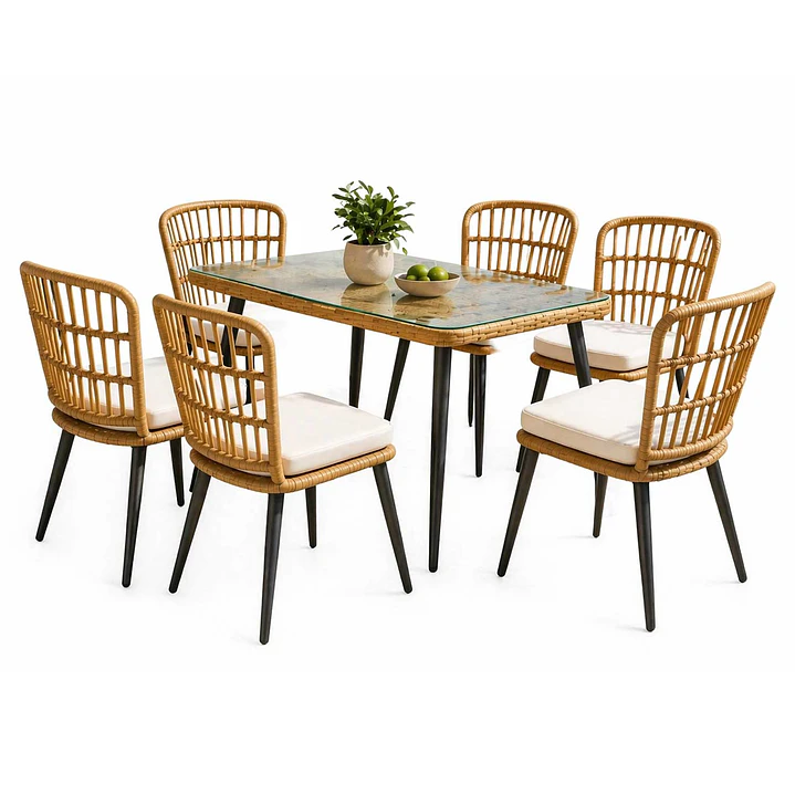Juego De Comedor Terraza Santa Bárbara Caramelo 139x80 cm 6 Sillas Cojín Marfil 2