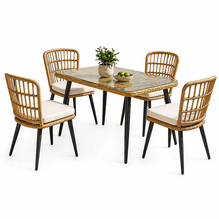 Juego De Comedor Terraza Santa Bárbara Caramelo 139x80 cm 4 Sillas Cojín Marfil  2