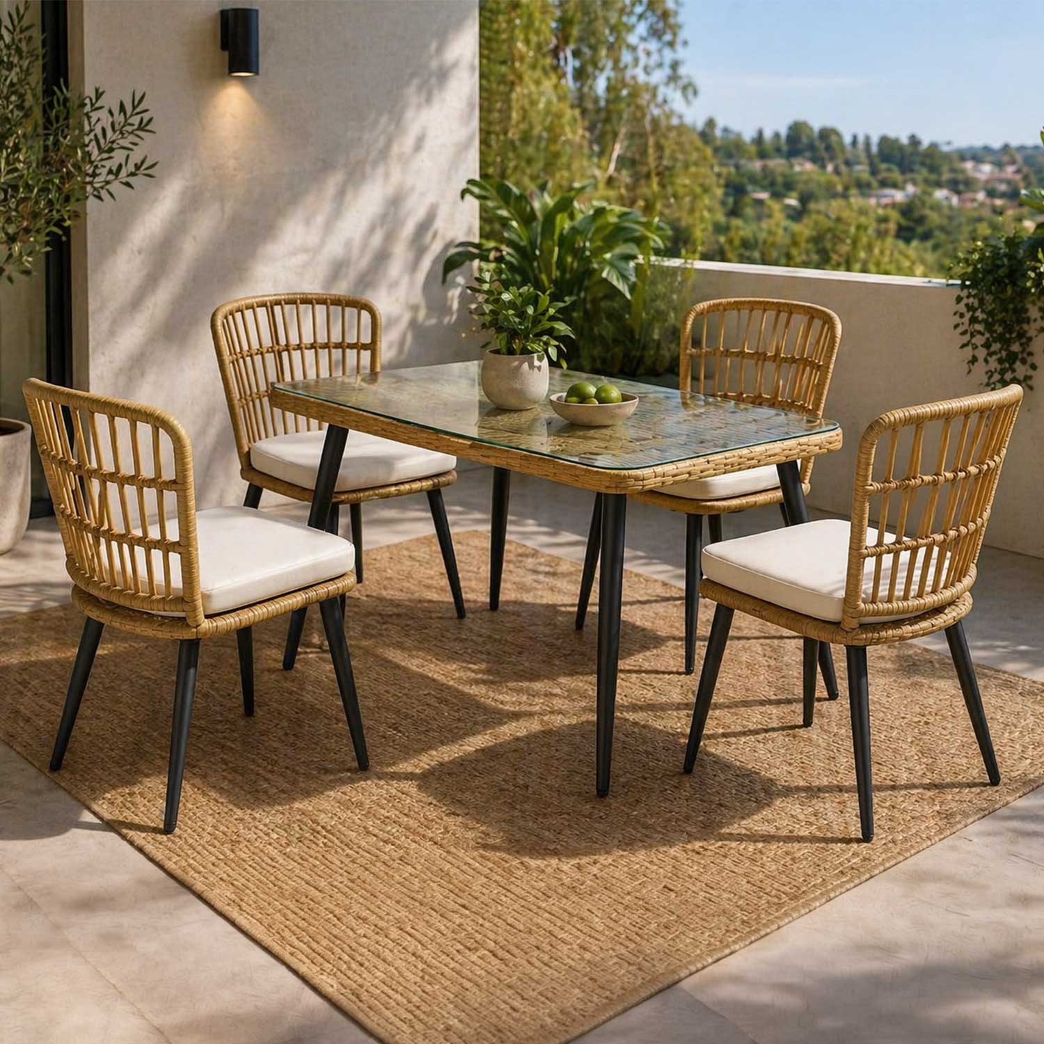 Juego De Comedor Terraza Santa Bárbara Caramelo 139x80 cm 4 Sillas Cojín Marfil