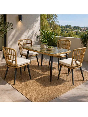 Juego De Comedor Terraza Santa Bárbara Caramelo 139x80 cm 4 Sillas Cojín Marfil 