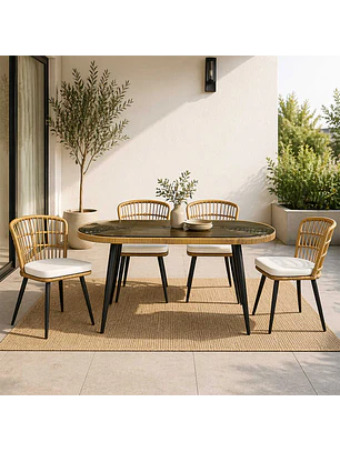 Juego De Comedor Terraza Londres Caramelo 160x90 cm 4 Sillas Cojín Marfil
