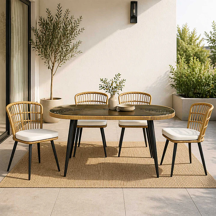 Juego De Comedor Terraza Londres Caramelo 160x90 cm 4 Sillas Cojín Marfil 1