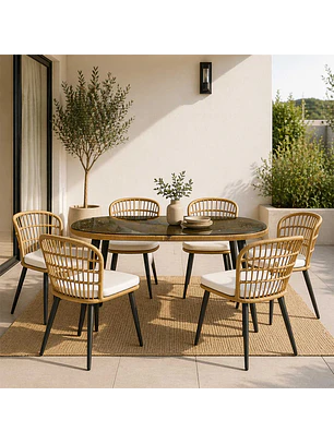 Juego De Comedor Terraza Londres Caramelo 160x90 cm 6 Sillas Cojín Marfil 