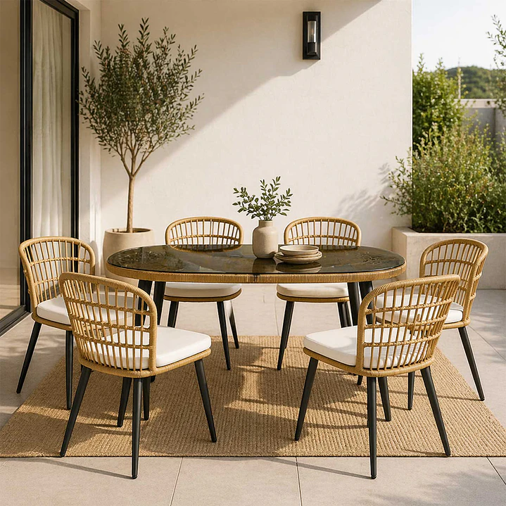 Juego De Comedor Terraza Londres Caramelo 160x90 cm 6 Sillas Cojín Marfil  1