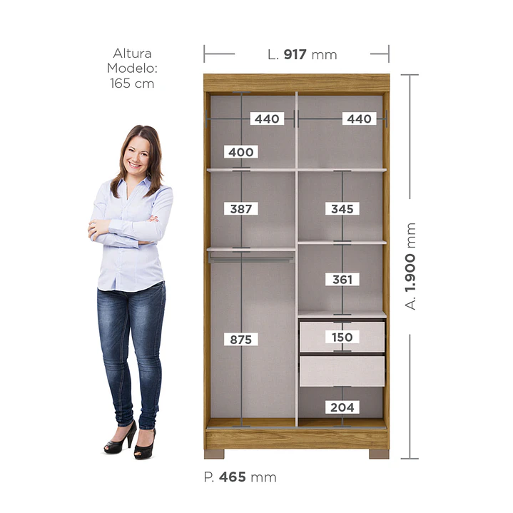 Closet 2 puertas corredera Lumière 190 x 91,7 x 46,5 Marroco Off White con espejo 6