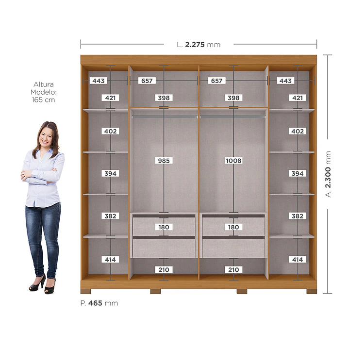 Closet 6 puertas con espejo Rivoli Cinamomo/ Off White 230 x 227,5 x 46.5 8
