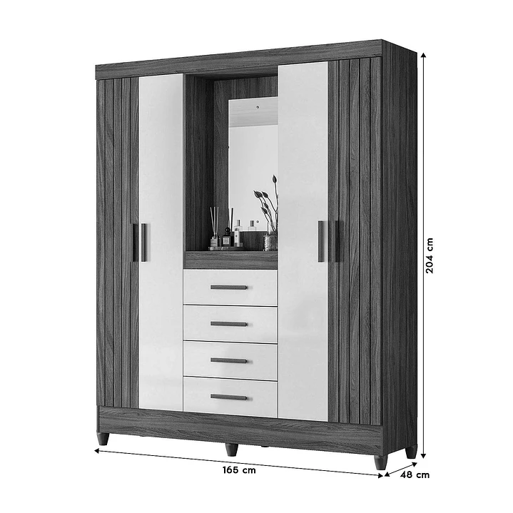 Closet 4 puertas 4 cajones Atenas Freijo / off White con espejo 4