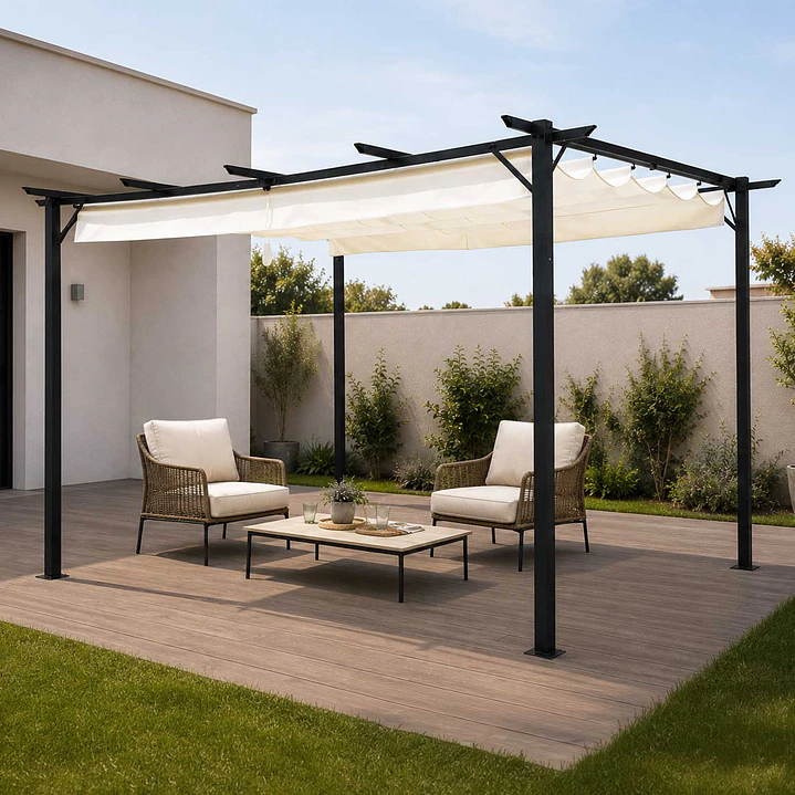 Pérgola Cavancha con Tela Retráctil 3x4mt Marfil 1