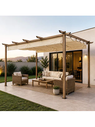 Pérgola Rústica con Tela Retráctil 3x4 mt Marfil