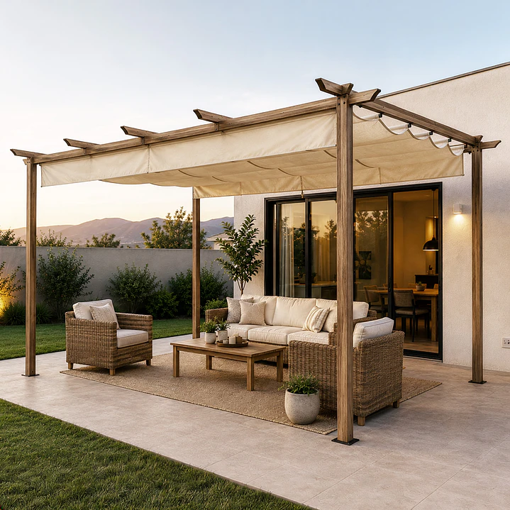 Pérgola Rústica con Tela Retráctil 3x4 mt Marfil 1