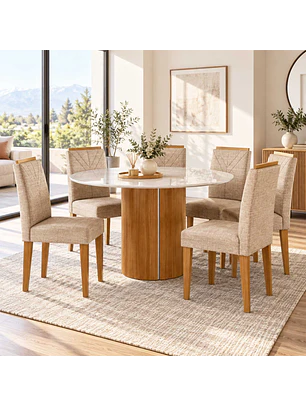 Juego de comedor redondo 6 sillas Serena Vidrio 1.35 Beige