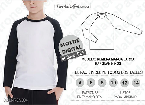 Moldes Patrones Remera Manga Ranglan Larga Niños Talles 4a14