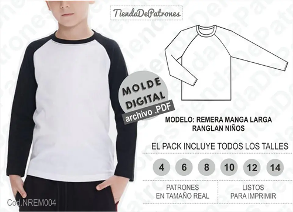 Moldes Patrones Remera Manga Ranglan Larga Niños Talles 4a14 1