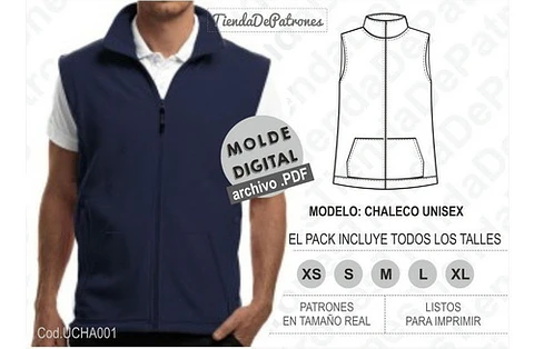 Molde Patron Imprimible Chaleco Unisex Talles Del Xs Al Xl
