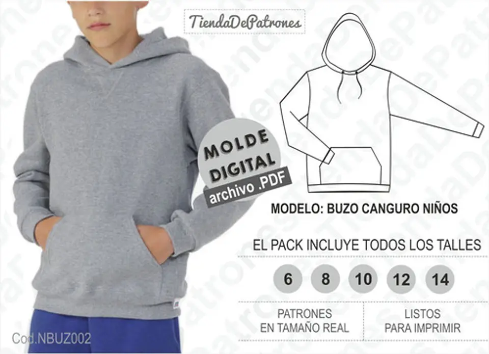 Molde Patron Imprimible Buzo Canguro Niños Talles Del 6al14 1