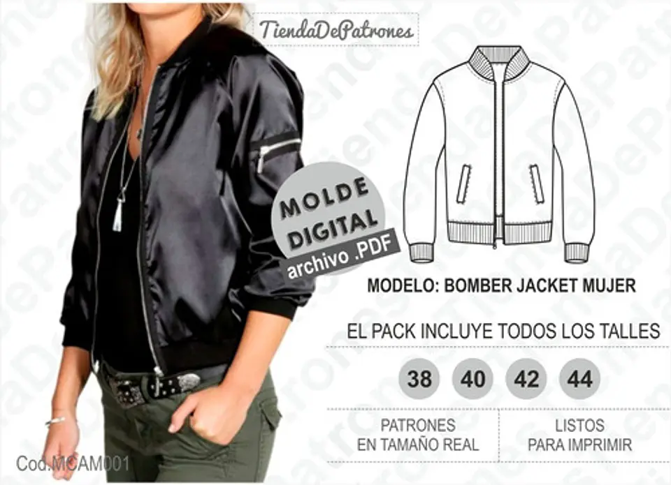 Molde Patrón Imprimible Bomber Jacket Mujer Del 38 Al 44 1
