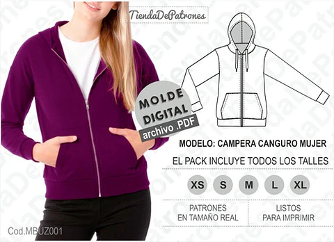 Molde Patron Imprimible Buzo Canguro Mujer Talles Xs Al Xl