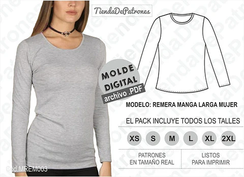 Moldes Patrones Remera Manga Larga Mujer Talle Xs Al 2xl