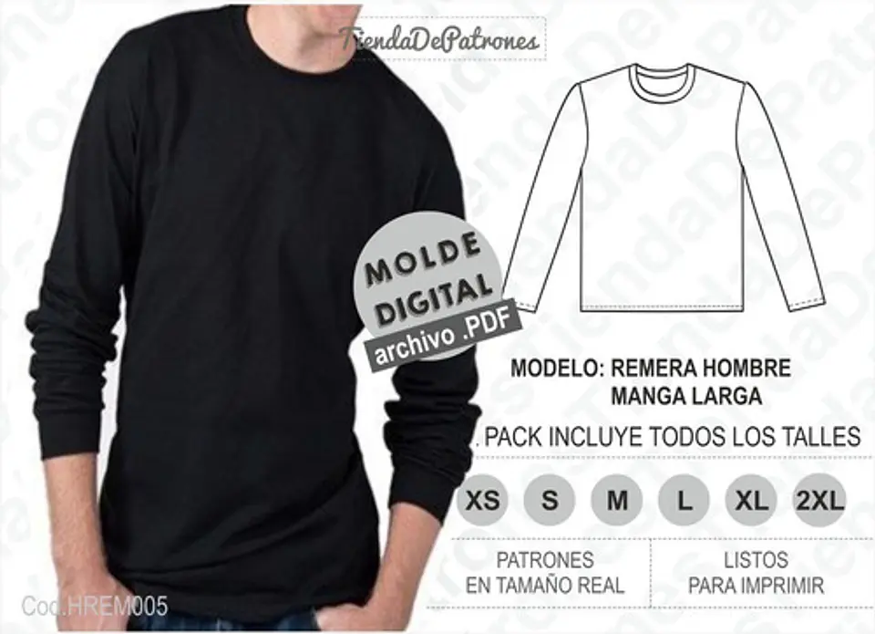 Molde Patron Imprimible Remera Manga Larga Hombre Xs Al 2xl 1