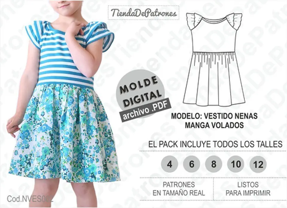 Molde Patron Imprimible Vestido Nena Manga Volados T.4 Al 12 2