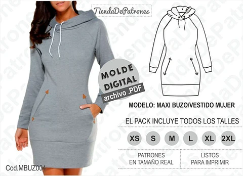 Moldes Patrones Maxi Buzo Vestido Mujer Talles Xs Al 2xl