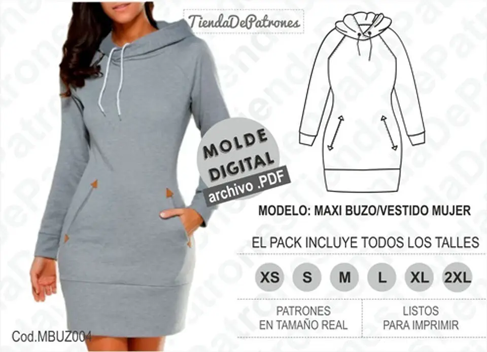 Moldes Patrones Maxi Buzo Vestido Mujer Talles Xs Al 2xl 2