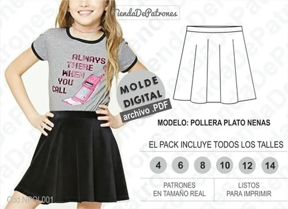Molde Patron Imprimible Falda Plato Nenas Talles 4 Al 14 1