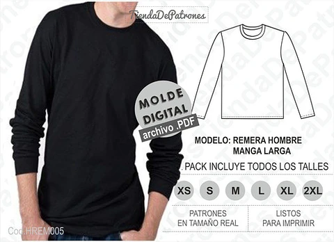 Molde Patron Imprimible Polera Manga Larga Hombre Xs Al 2xl