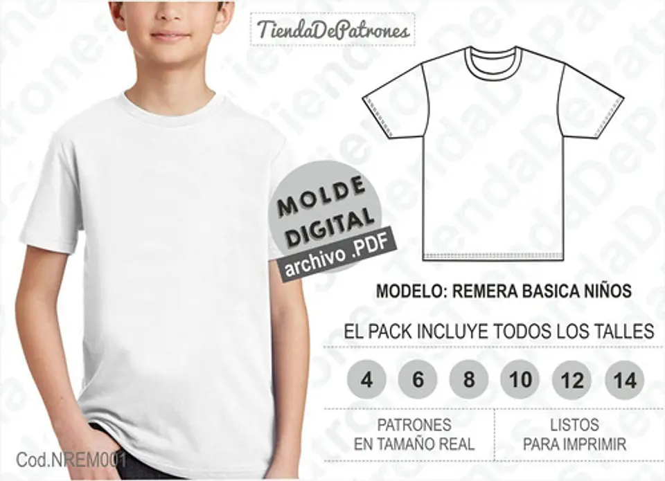 Molde Imprimible Polera Basica Niños Talles 4/6/8/10/12/14 2