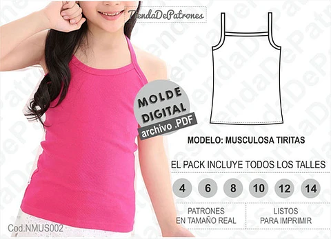 Molde Patron Imprimible Musculosa Tiritas Nenas Talle 4 A 14