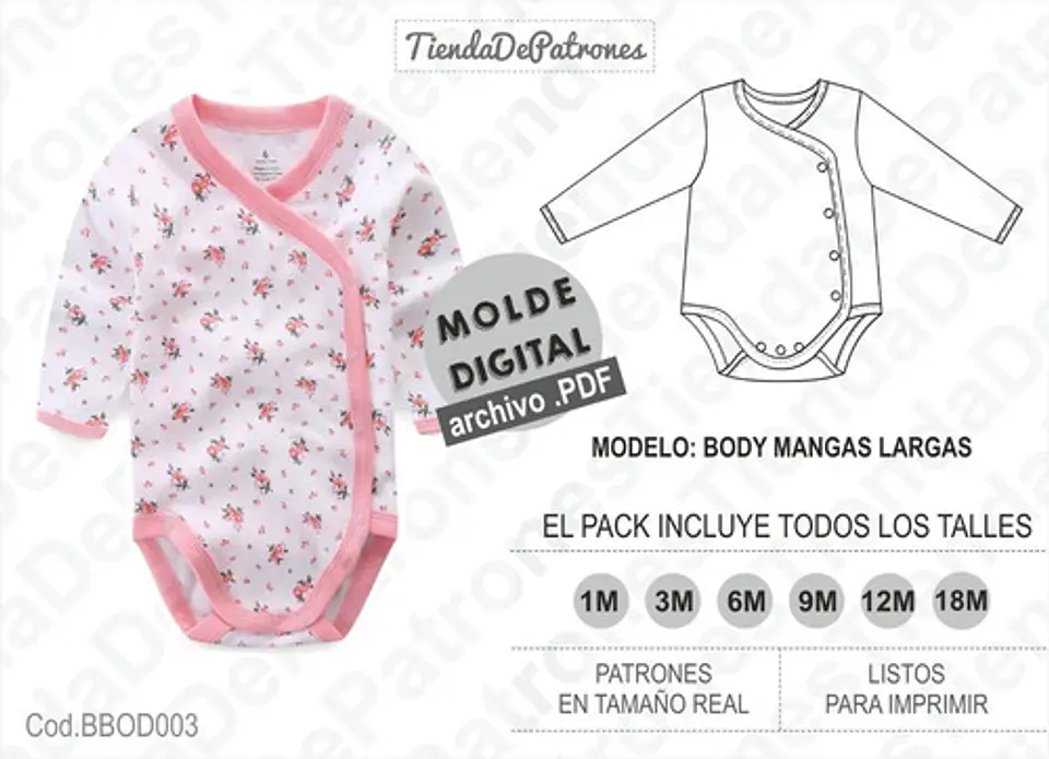 Molde Patron Imprimible Body Mangas Largas Talles 1m A 18m 1
