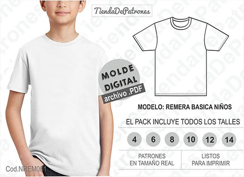 Molde Imprimible Remera Basica Niños Talles 4/6/8/10/12/14