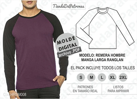 Moldes Patrones Polera Hombre Manga Larga Ranglan S Al 2xl