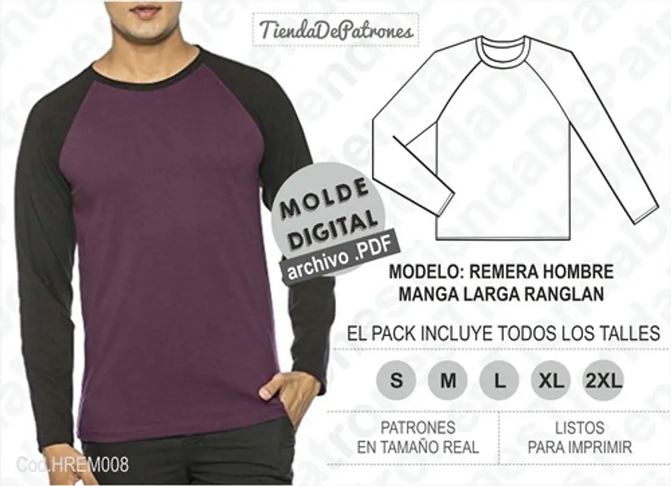 Moldes Patrones Polera Hombre Manga Larga Ranglan S Al 2xl 1