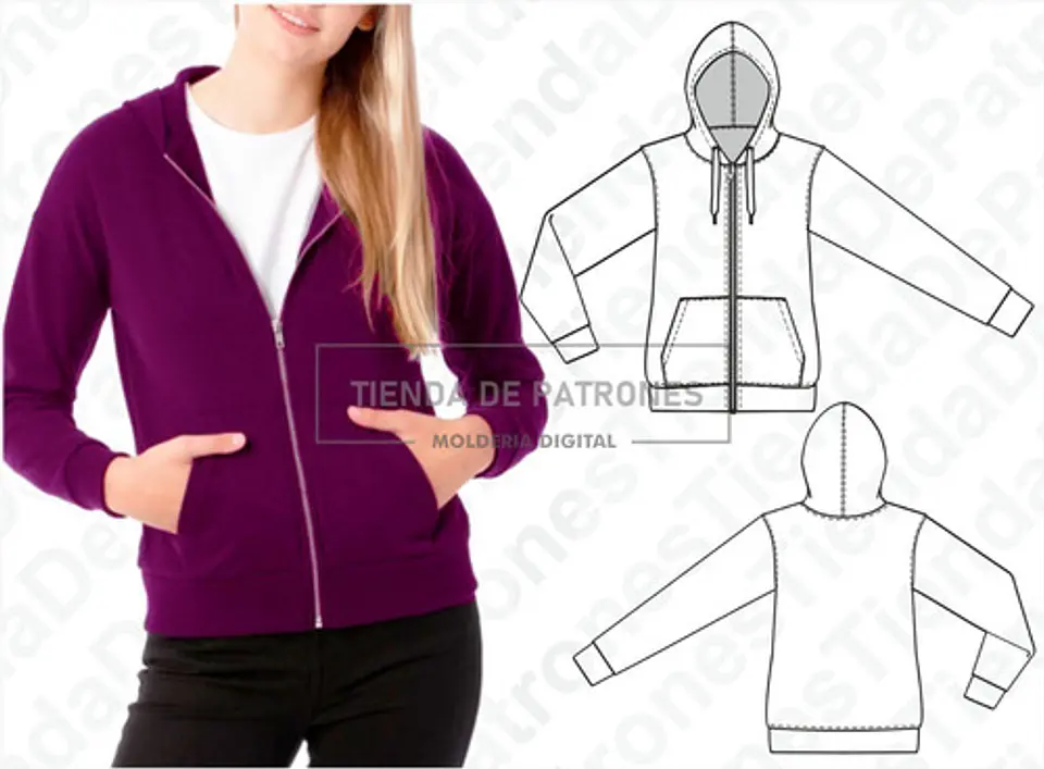 Molde Patron Imprimible Polerón Canguro Mujer Talles Xs Al Xl 1